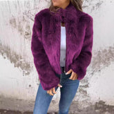 Fashion Stand Collar Plush Jacket Winter Casual Turtleneck Zipper Coat Fleece Tops Women&