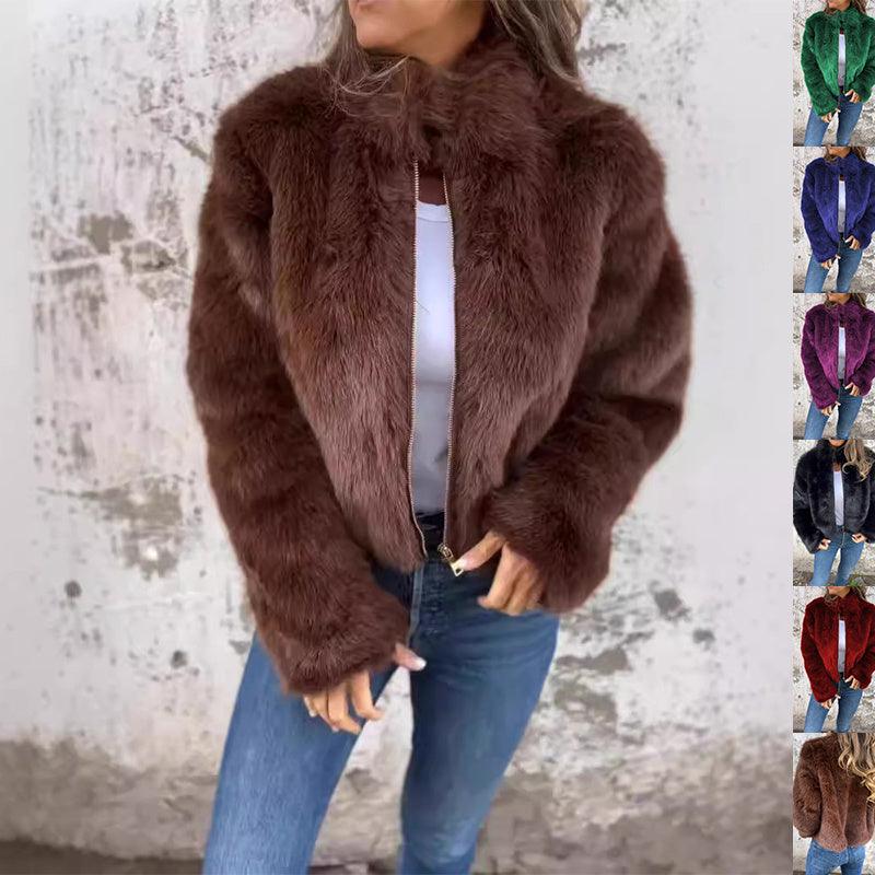 winter fashion coat-Fashion Stand Collar Plush Jacket Winter Casual Turtleneck Zipper Coat Fleece Tops Women's Clothing-shopluxelook.store