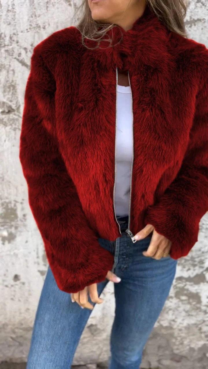 Fashion Stand Collar Plush Jacket Winter Casual Turtleneck Zipper Coat Fleece Tops Women's Clothing-shopluxelook.store