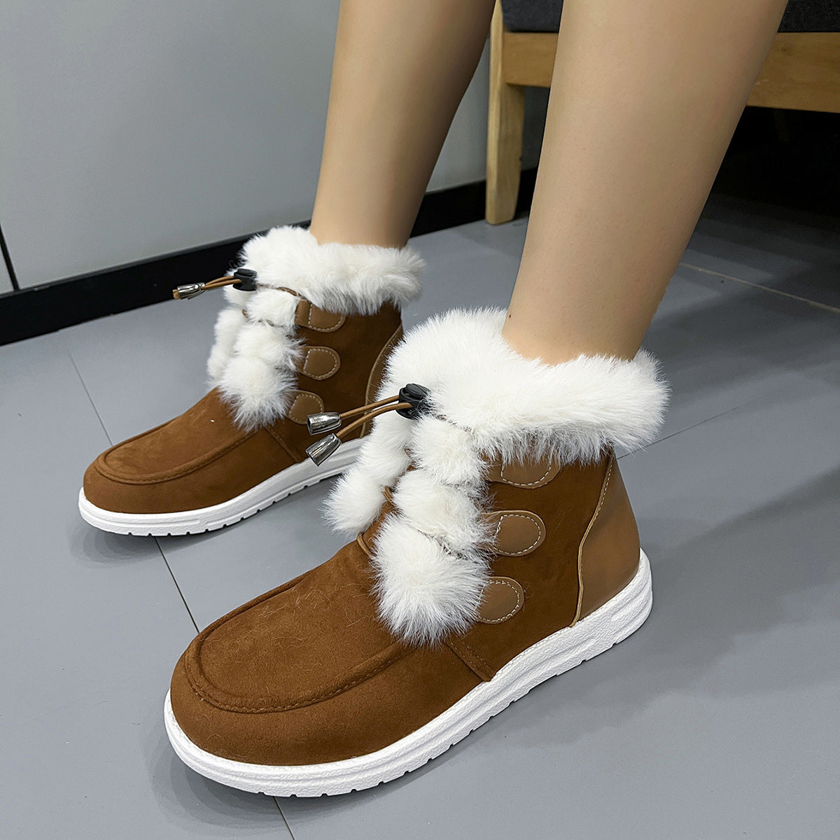 Fashion Suede Fleece Snow Boots Winter Warm Plush Round Toe Cotton Sho