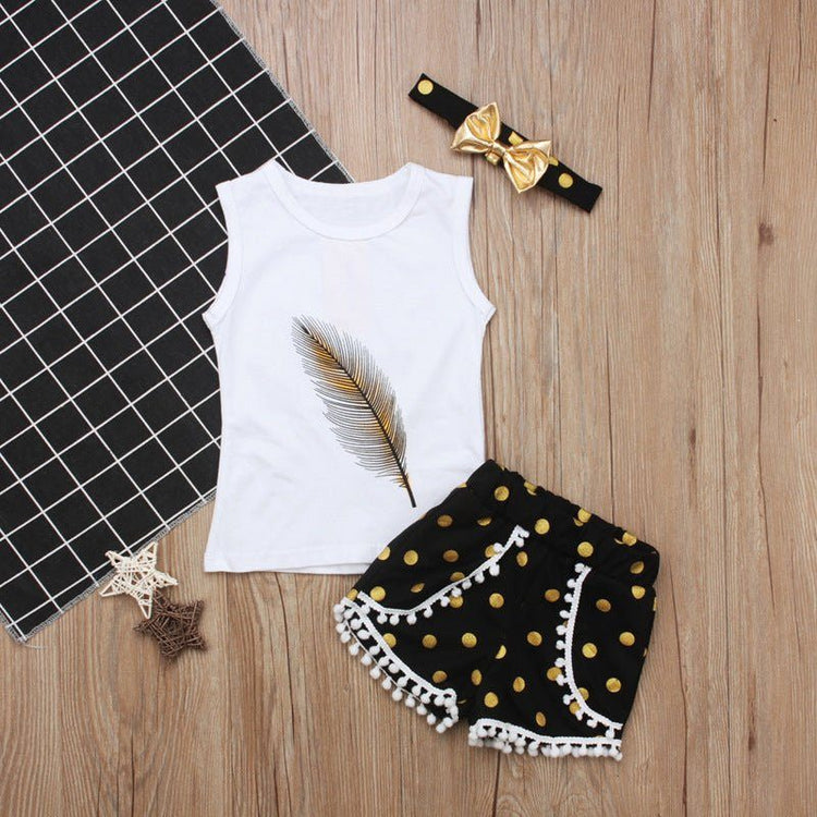 Feather Pattern Sleeveless Top Shorts Two - piece Children&