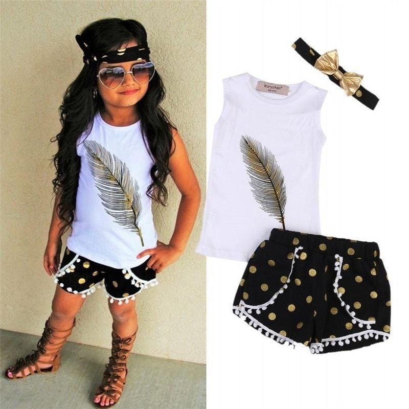 feather pattern two piece children's wear-Feather Pattern Sleeveless Top Shorts Two-piece Children's Wear-shopluxelook.store