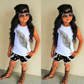 Feather Pattern Sleeveless Top Shorts Two - piece Children&