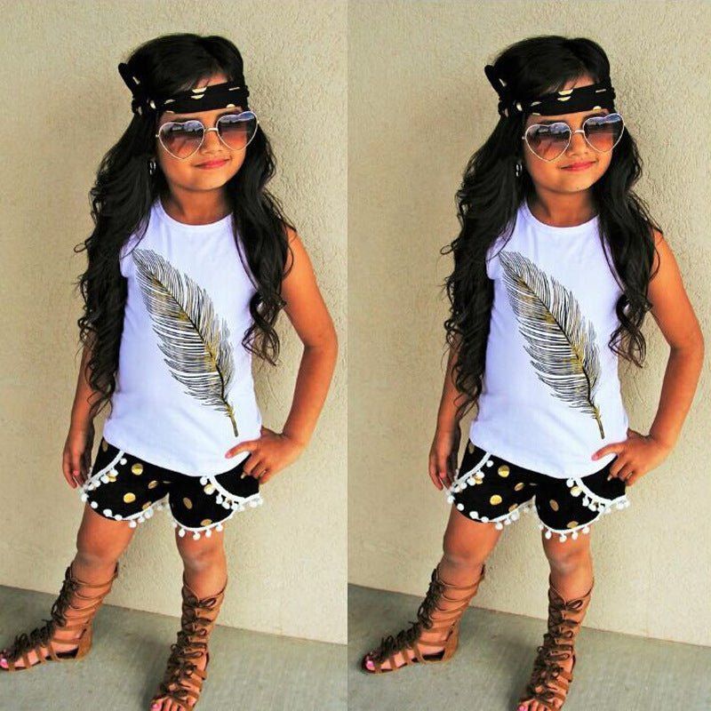 feather pattern two piece children's wear-Feather Pattern Sleeveless Top Shorts Two-piece Children's Wear-shopluxelook.store