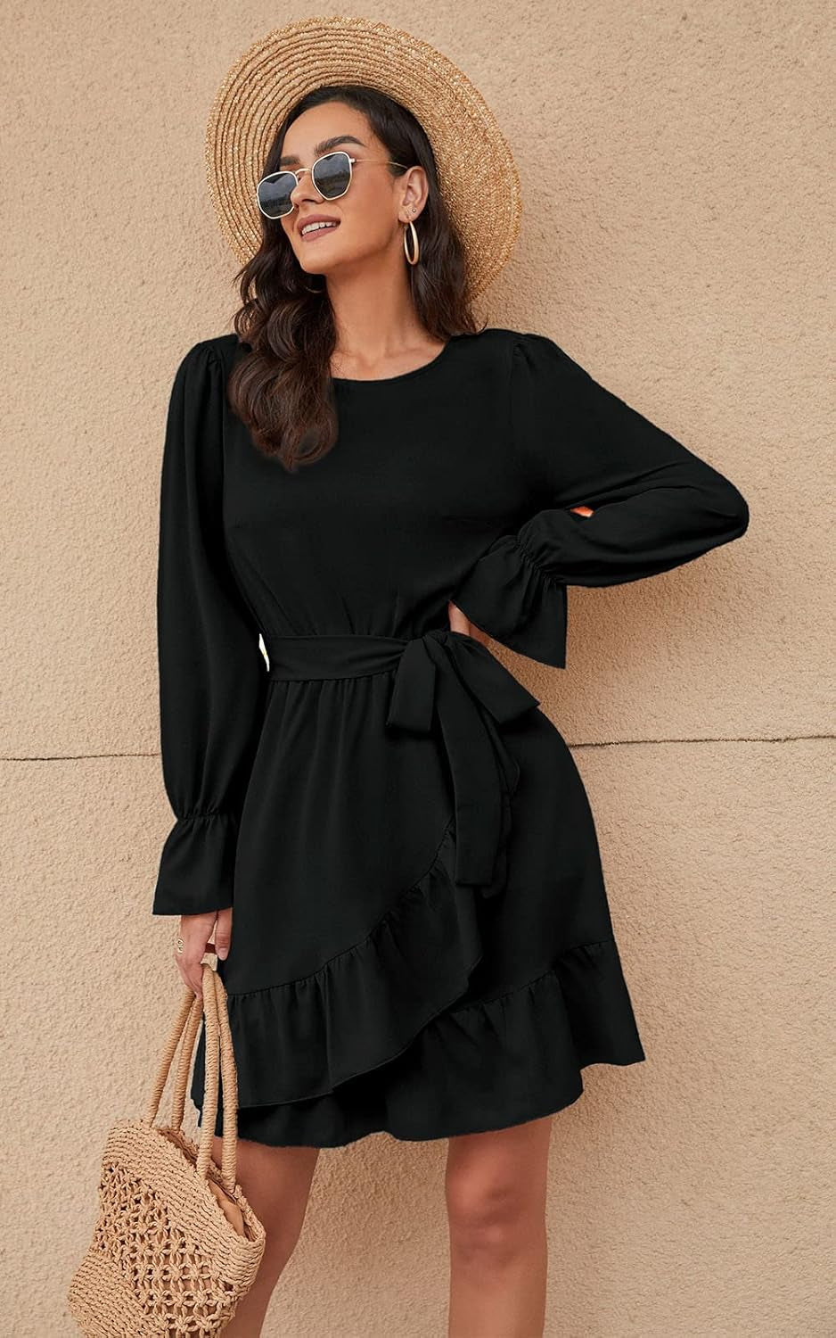 Women Flowy Long Sleeve Crew Neck Ruffles Mini Short Dress Bell Sleeve