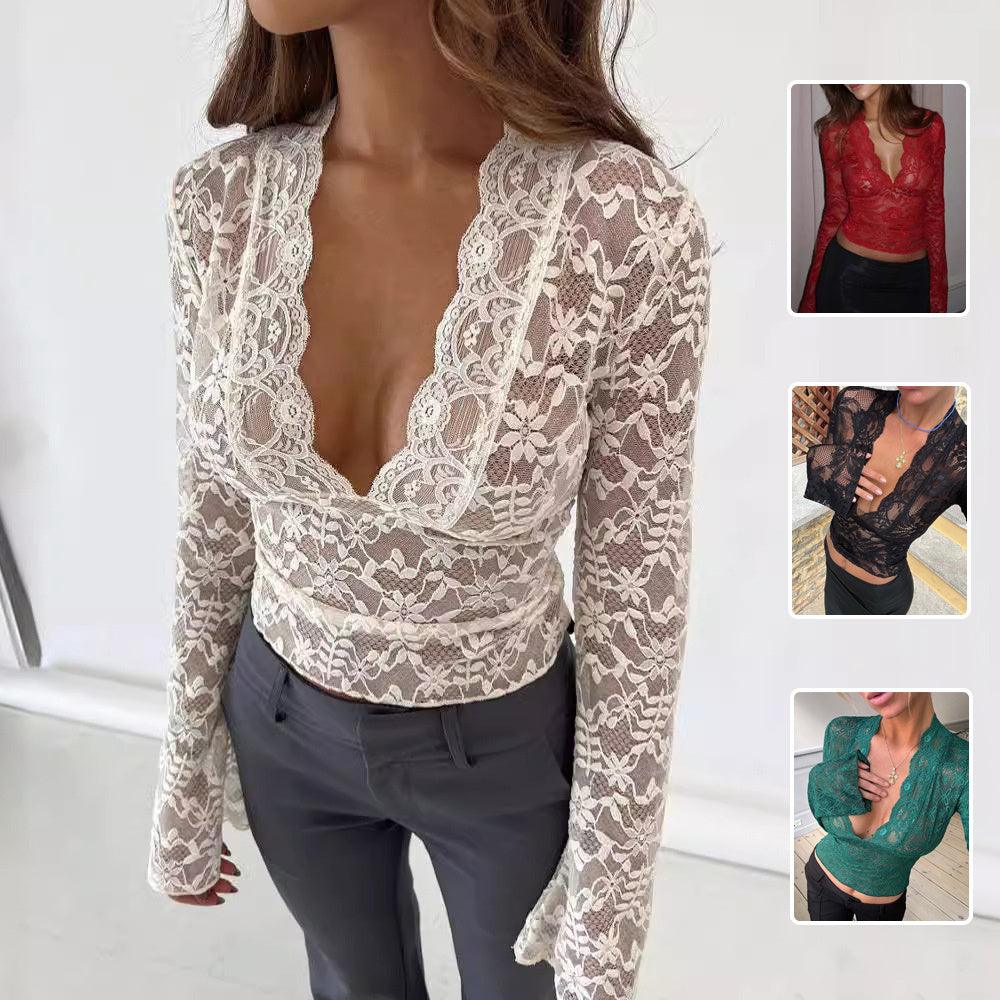 Flowers Lace Long Sleeve Top Y2K Fashion Slim Bottoming Shirt Top Women's Clothing-shopluxelook.store