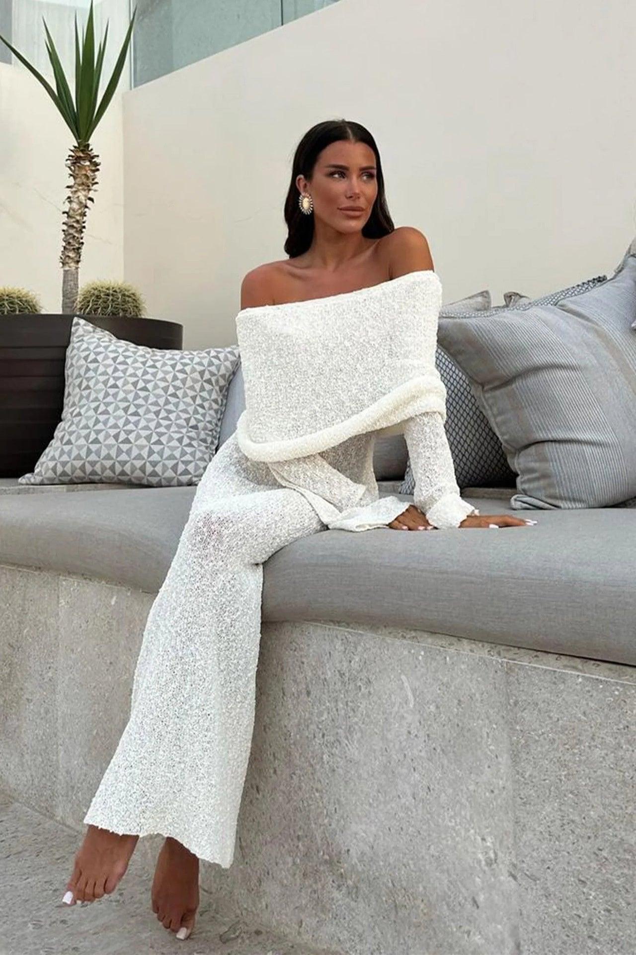 French-style One-shoulder Knitted Dress Fashion Party Beach Long-sleeved Long Dresses Fall Wainter Women's Clothing-shopluxelook.store