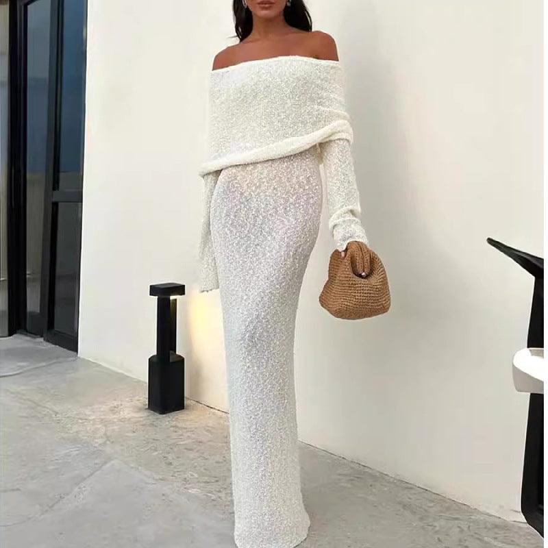 French style one shoulder knitted dress-French-style One-shoulder Knitted Dress Fashion Party Beach Long-sleeved Long Dresses Fall Wainter Women's Clothing-shopluxelook.store