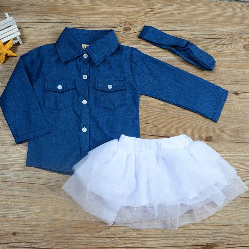 Girls denim jacket mesh skirt suit-Girls denim jacket mesh skirt three-piece mesh long sleeve skirt suit-shopluxelook.store