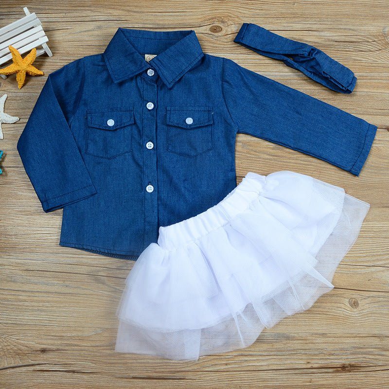 Girls denim jacket mesh skirt suit-Girls denim jacket mesh skirt three-piece mesh long sleeve skirt suit-shopluxelook.store