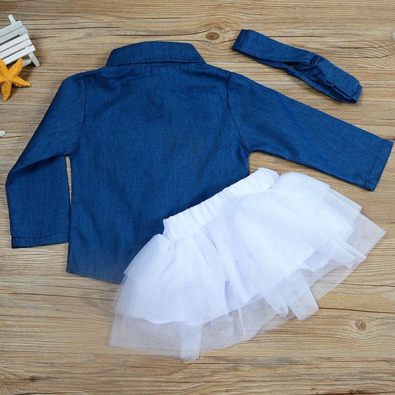 Girls denim jacket mesh skirt suit-Girls denim jacket mesh skirt three-piece mesh long sleeve skirt suit-shopluxelook.store