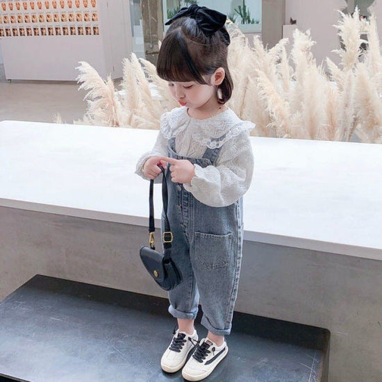 Girls Denim Overalls And Lace Shirt Two - piece Suit - Luxury 0 by Shop Luxe Look