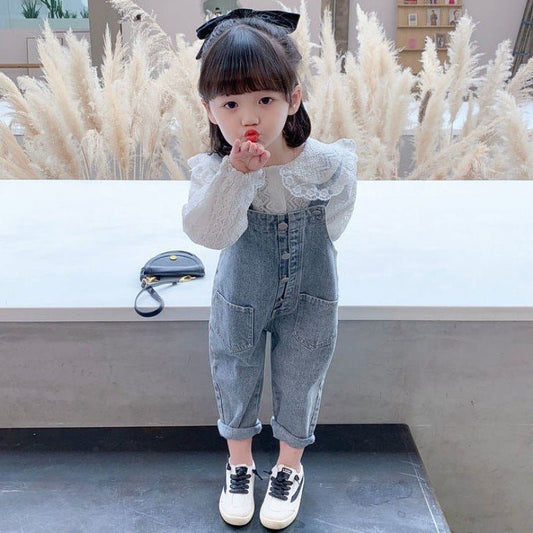 Girls Denim Overalls And Lace Shirt Two-piece Suit