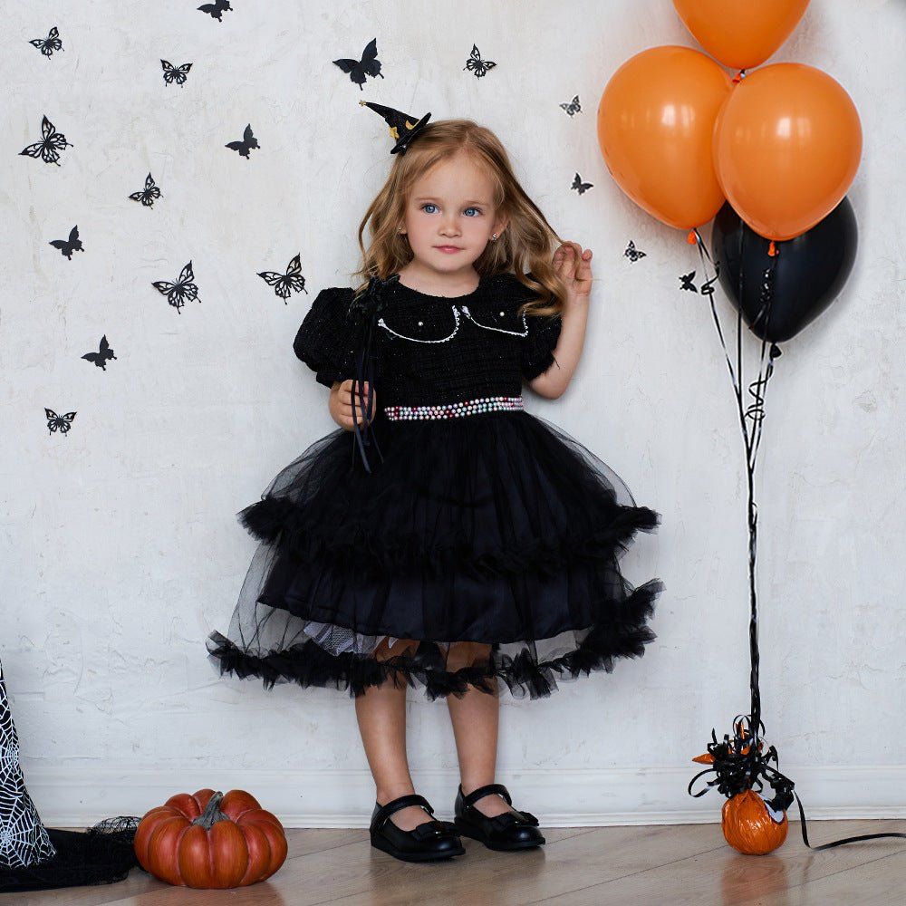 girls Halloween dress-Girls' Fashion Halloween Mesh Stitching Puff Sleeve Dress-shopluxelook.store