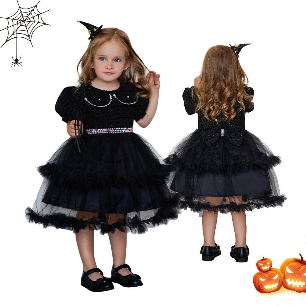 girls Halloween dress-Girls' Fashion Halloween Mesh Stitching Puff Sleeve Dress-shopluxelook.store