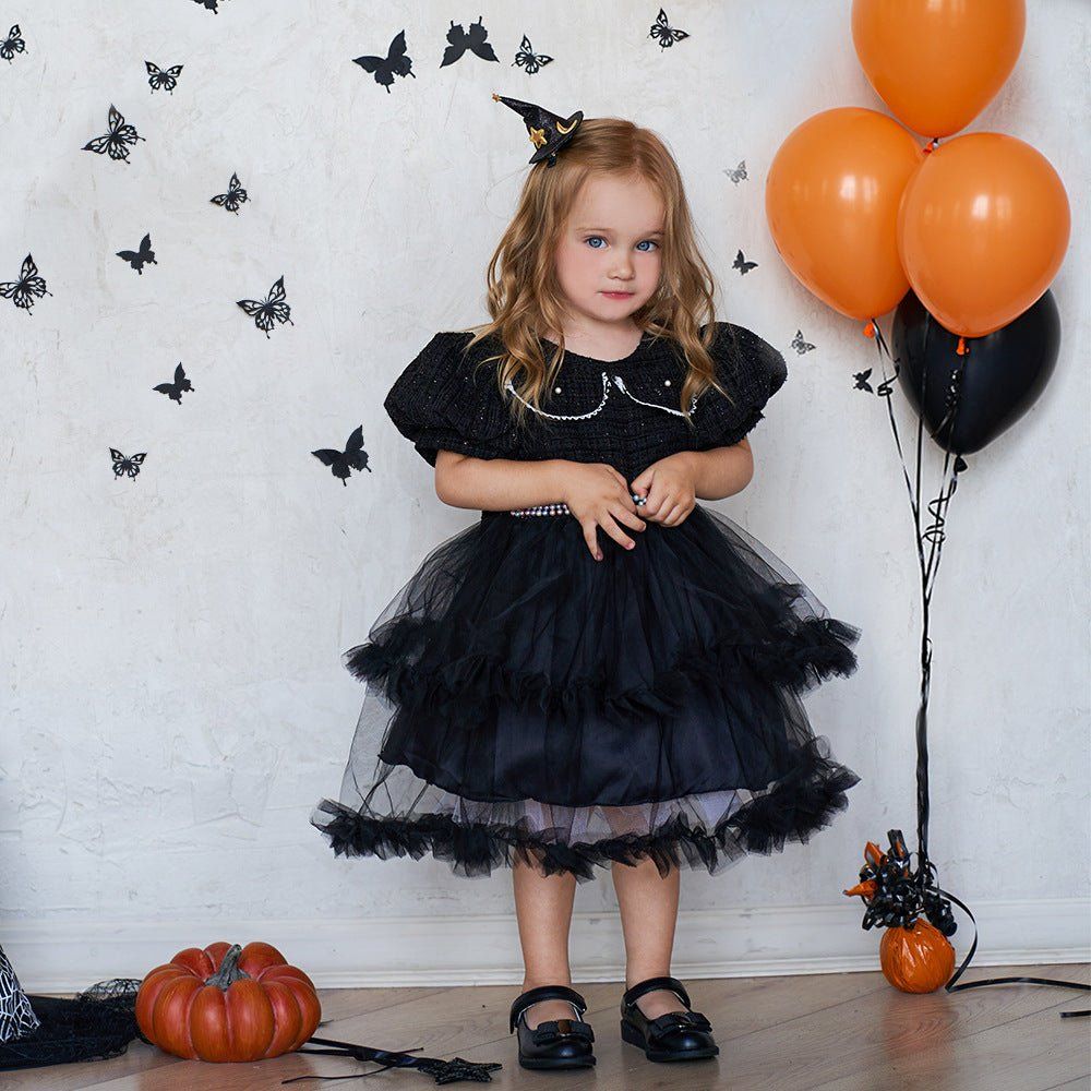 girls Halloween dress-Girls' Fashion Halloween Mesh Stitching Puff Sleeve Dress-shopluxelook.store