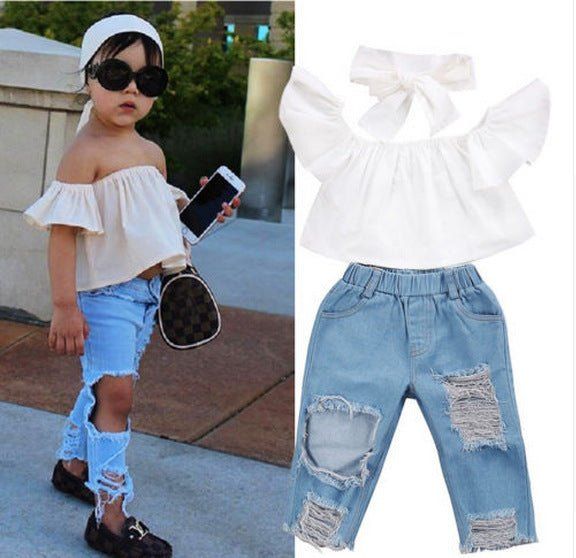 girls hole jeans-Girl's Hole Jeans White Top 3 Piece Set-shopluxelook.store