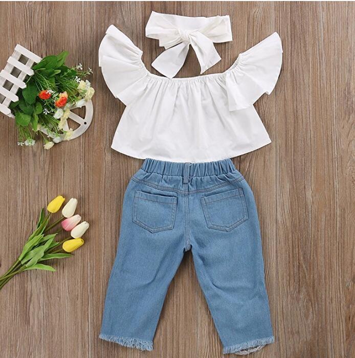 Girl's Hole Jeans White Top 3 Piece Set-shopluxelook.store