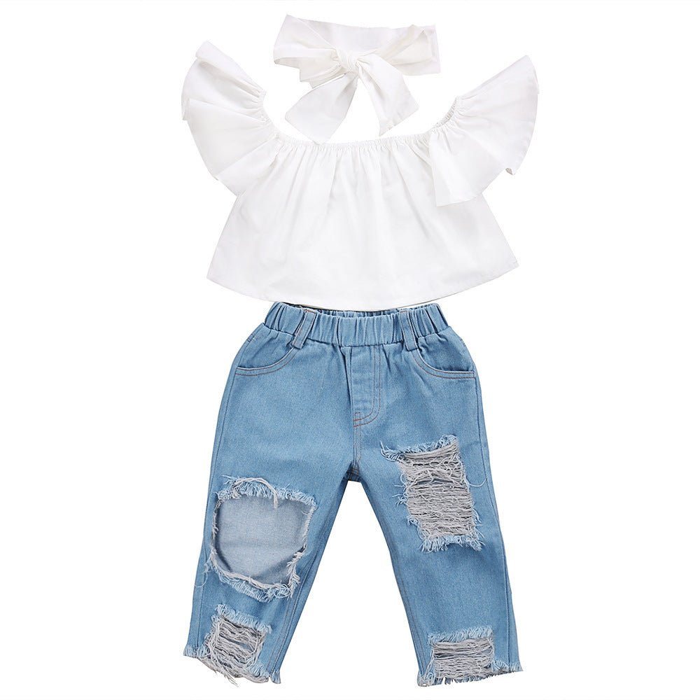 girls hole jeans-Girl's Hole Jeans White Top 3 Piece Set-shopluxelook.store