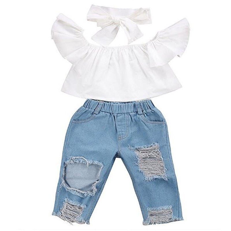 girls hole jeans-Girl's Hole Jeans White Top 3 Piece Set-shopluxelook.store