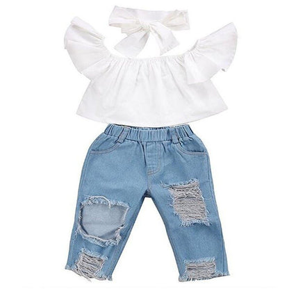 Girl's Hole Jeans White Top 3 Piece Set - Luxury 0 by Shop Luxe Look