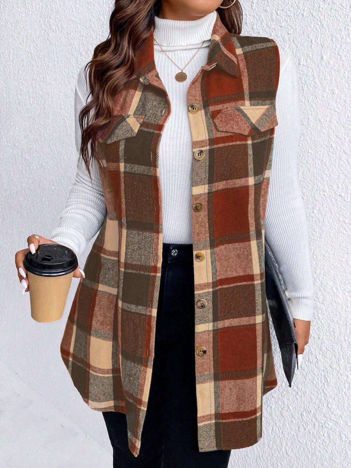 plaid vest coat-Honey Plus Size Pocketed Plaid Button Up Vest Coat-shopluxelook.store