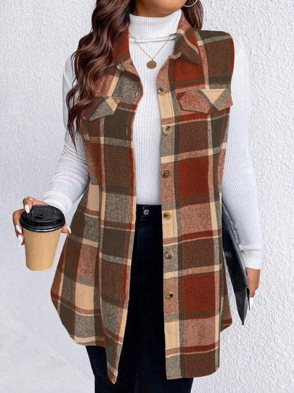 Honey Plus Size Pocketed Plaid Button Up Vest Coat-shopluxelook.store