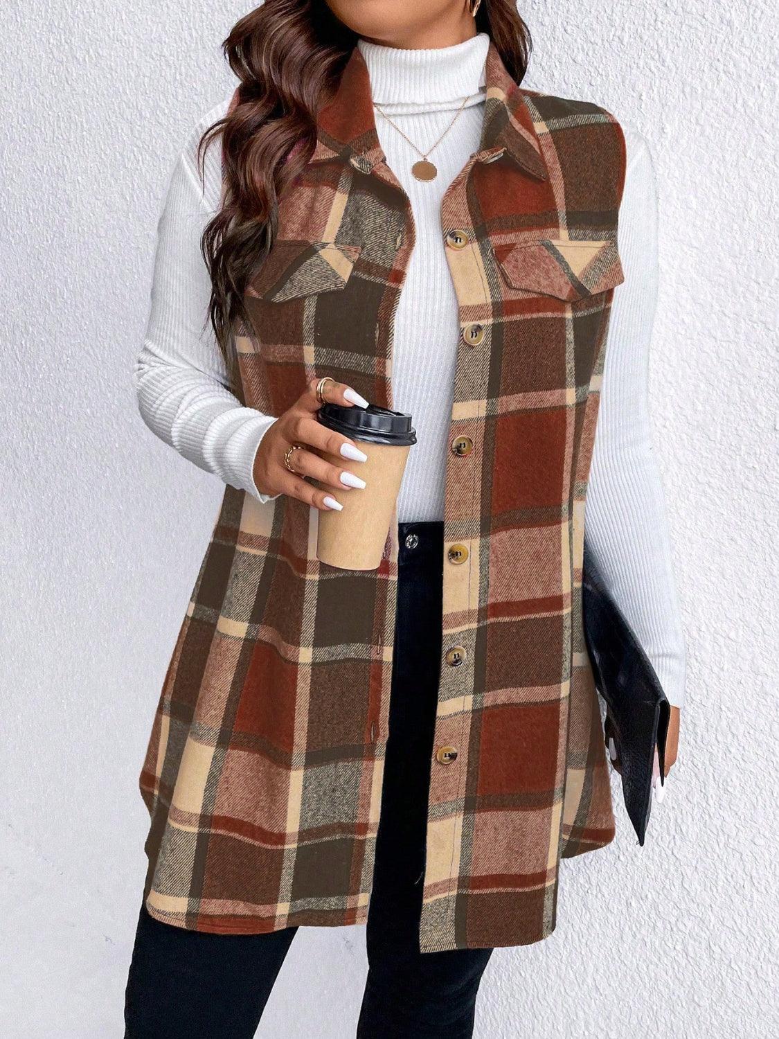 Honey Plus Size Pocketed Plaid Button Up Vest Coat-shopluxelook.store