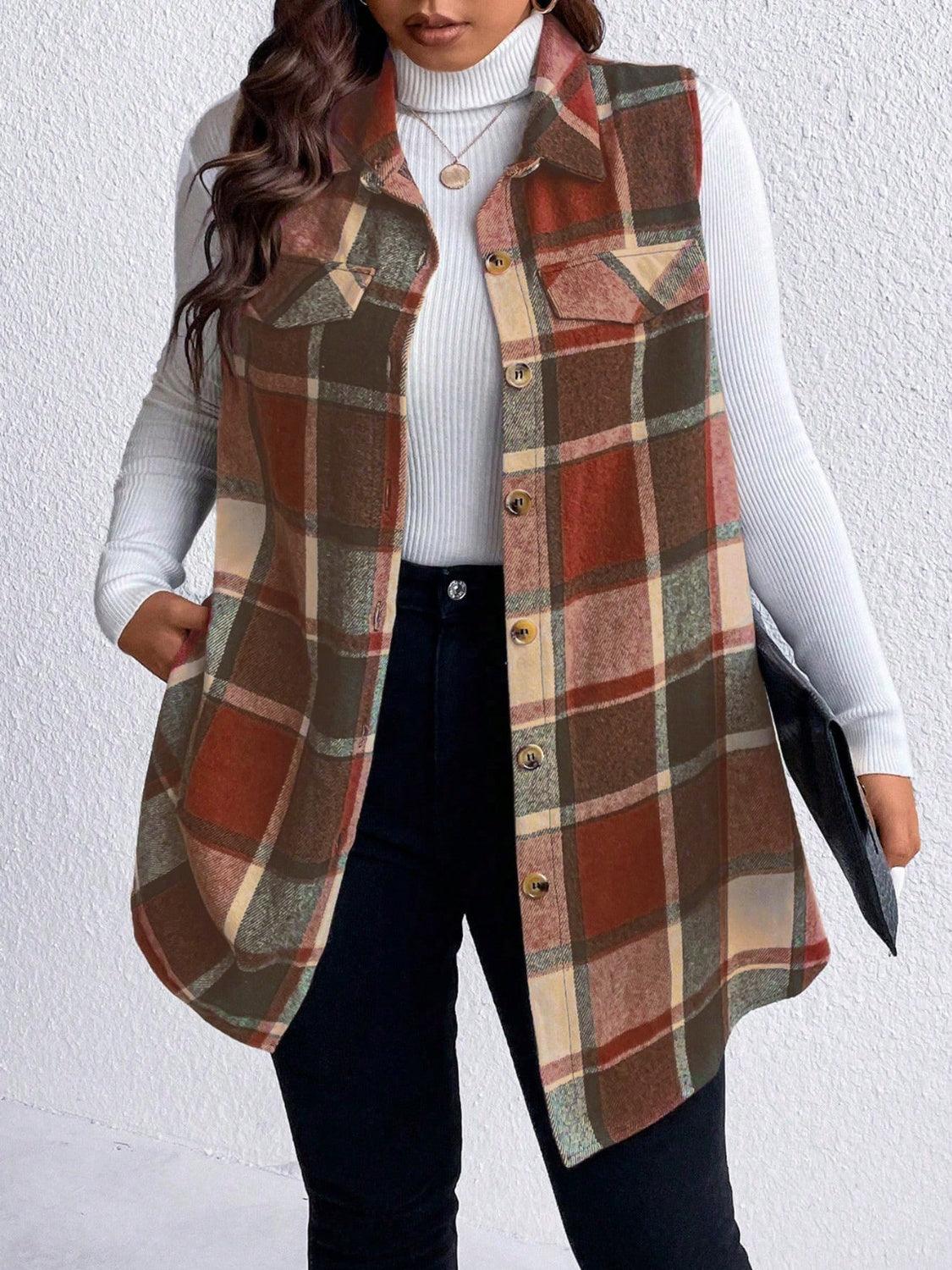 Honey Plus Size Pocketed Plaid Button Up Vest Coat-shopluxelook.store