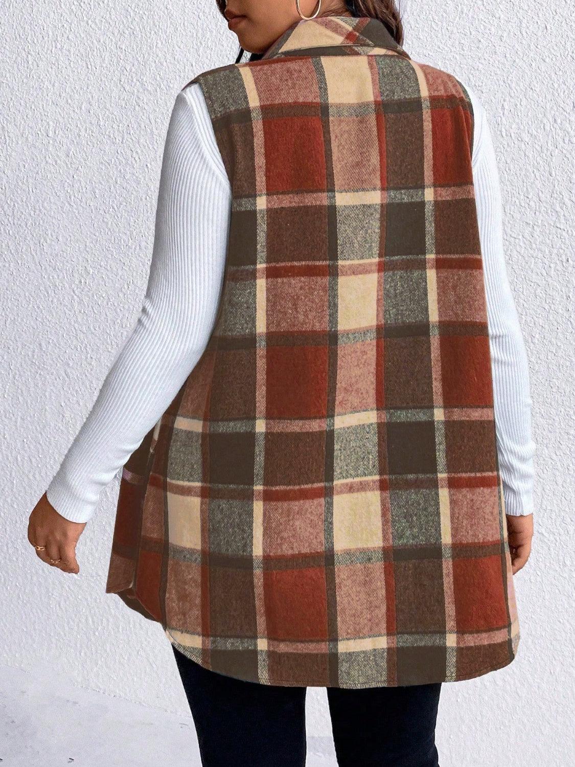 plaid vest coat-Honey Plus Size Pocketed Plaid Button Up Vest Coat-shopluxelook.store