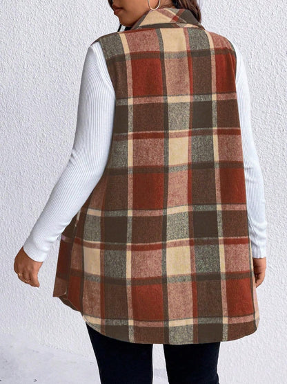 Honey Plus Size Pocketed Plaid Button Up Vest Coat-shopluxelook.store