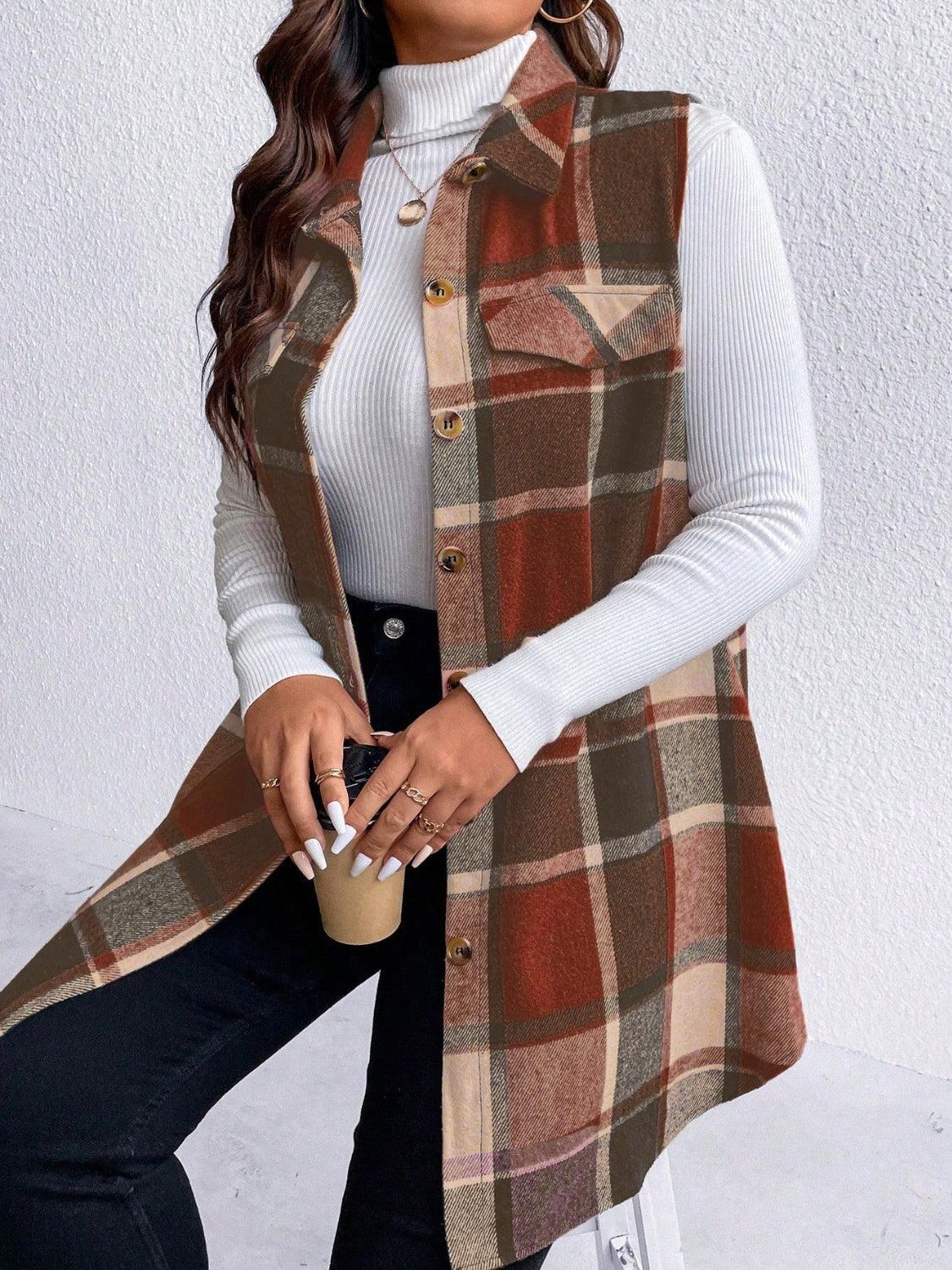 Honey Plus Size Pocketed Plaid Button Up Vest Coat-shopluxelook.store