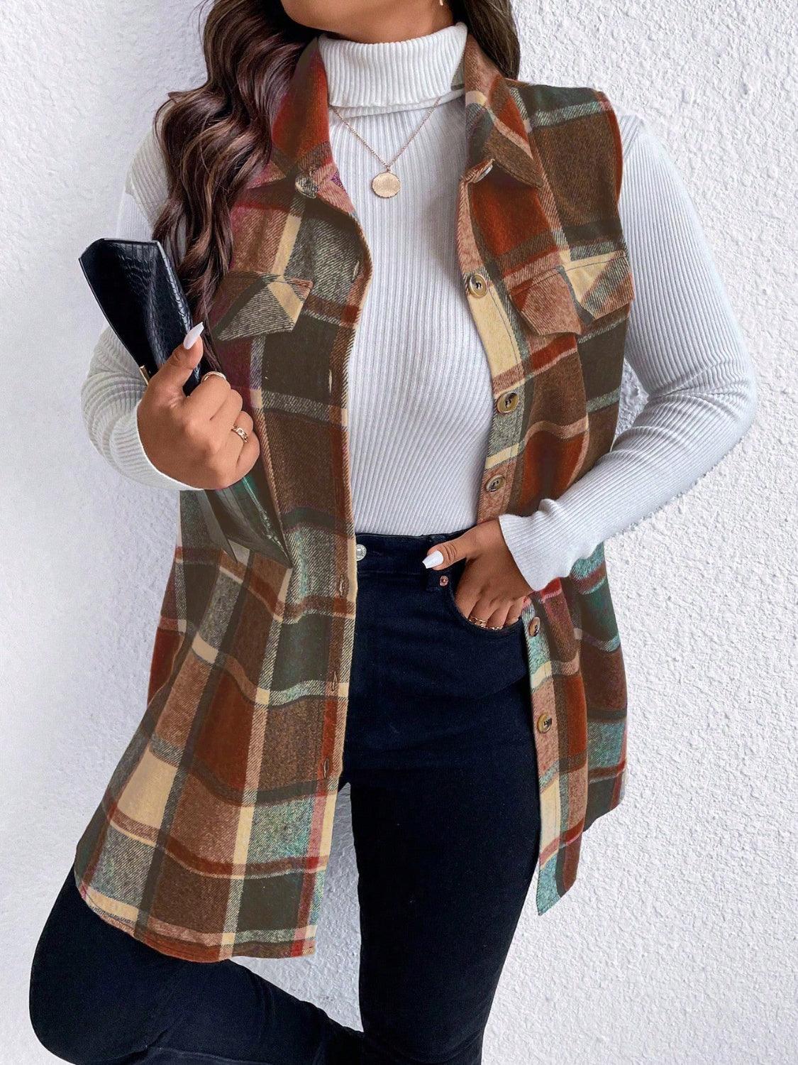 plaid vest coat-Honey Plus Size Pocketed Plaid Button Up Vest Coat-shopluxelook.store