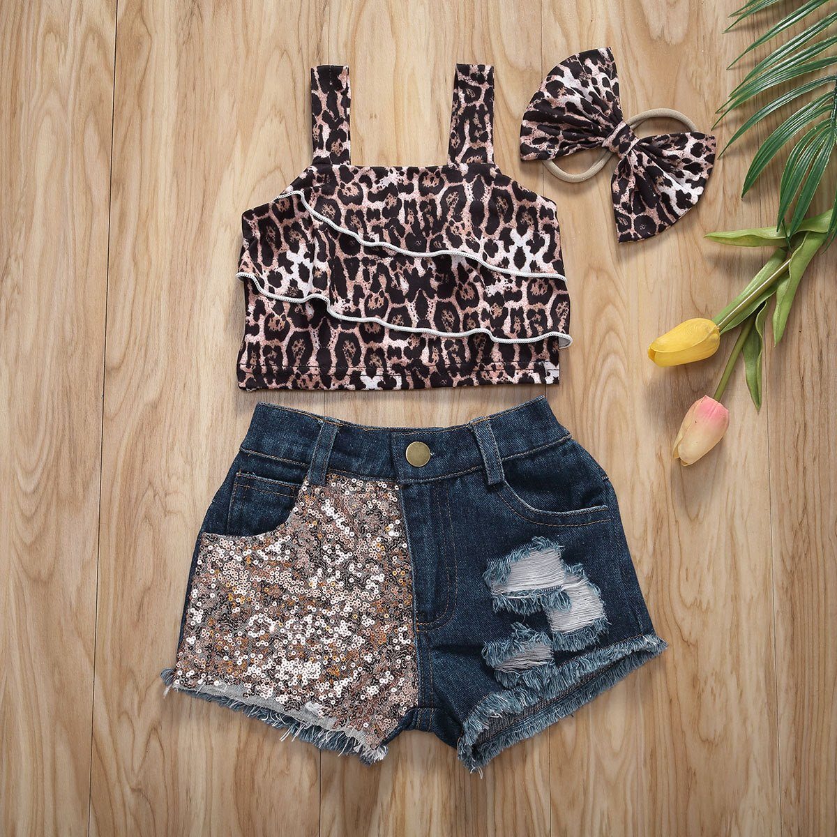 kids girls suit-Kids Girls Top Shorts 3Pcs Suit Leopard Short Sleeve-shopluxelook.store