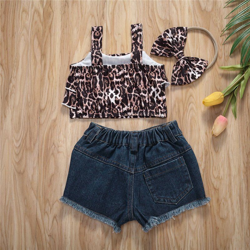 kids girls suit-Kids Girls Top Shorts 3Pcs Suit Leopard Short Sleeve-shopluxelook.store