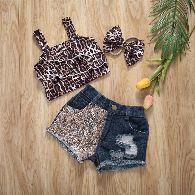 kids girls suit-Kids Girls Top Shorts 3Pcs Suit Leopard Short Sleeve-shopluxelook.store