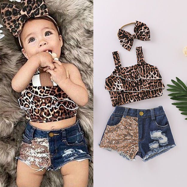 kids girls suit-Kids Girls Top Shorts 3Pcs Suit Leopard Short Sleeve-shopluxelook.store