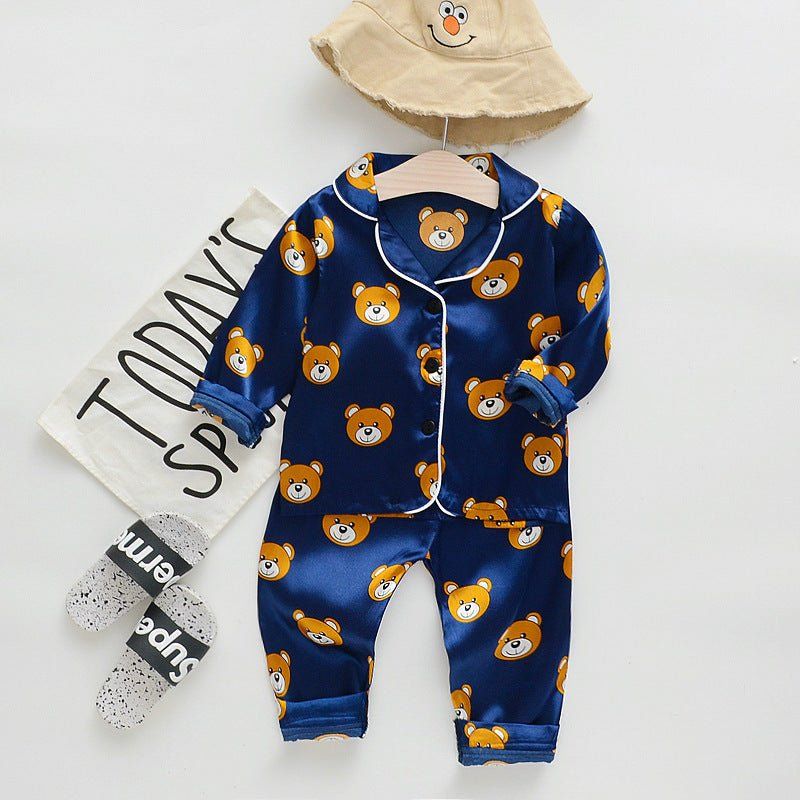 long sleeve bear pajamas-Long sleeve ice silk bear pajamas set for boys and girls-shopluxelook.store