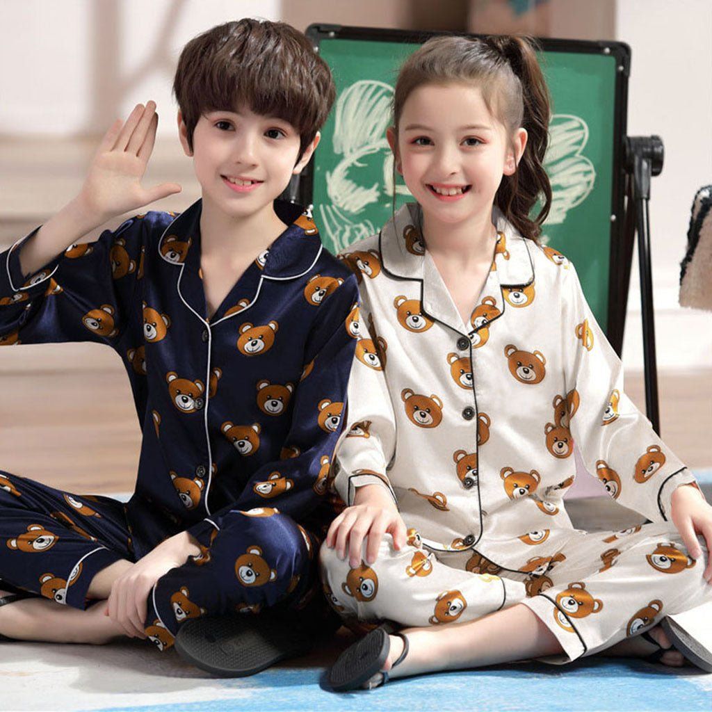 Long sleeve ice silk bear pajamas set for boys and girls - Luxury 0 by Shop Luxe Look