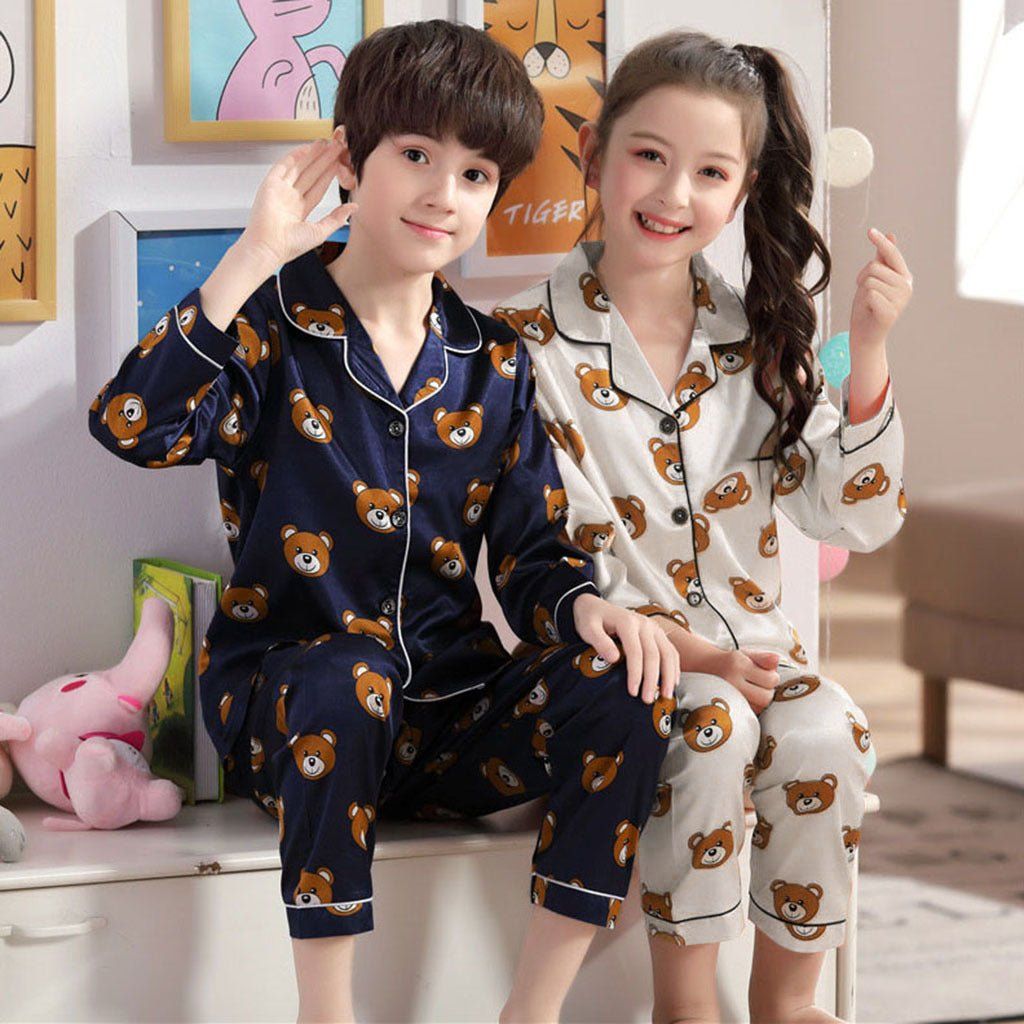 Long sleeve ice silk bear pajamas set for boys and girls - Luxury 0 by Shop Luxe Look