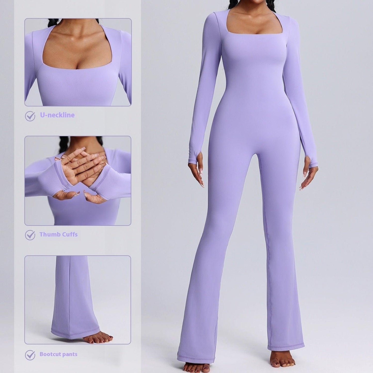 New Square Neck Long-sleeved Jumpsuit Yoga Fitness Sports Flared Pants Breathable Bodysuit Women's Clothing-shopluxelook.store