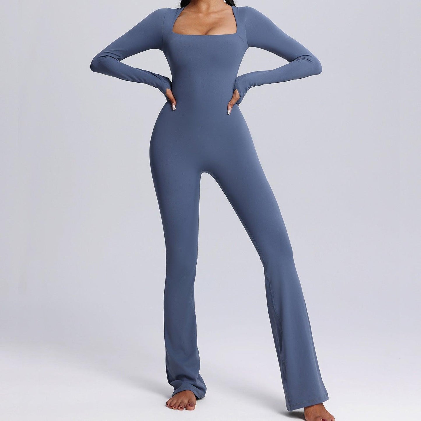 New Square Neck Long-sleeved Jumpsuit Yoga Fitness Sports Flared Pants Breathable Bodysuit Women's Clothing-shopluxelook.store