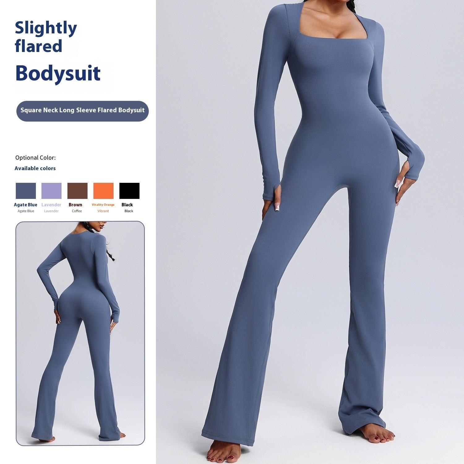 Square neck jumpsuit-New Square Neck Long-sleeved Jumpsuit Yoga Fitness Sports Flared Pants Breathable Bodysuit Women's Clothing-shopluxelook.store