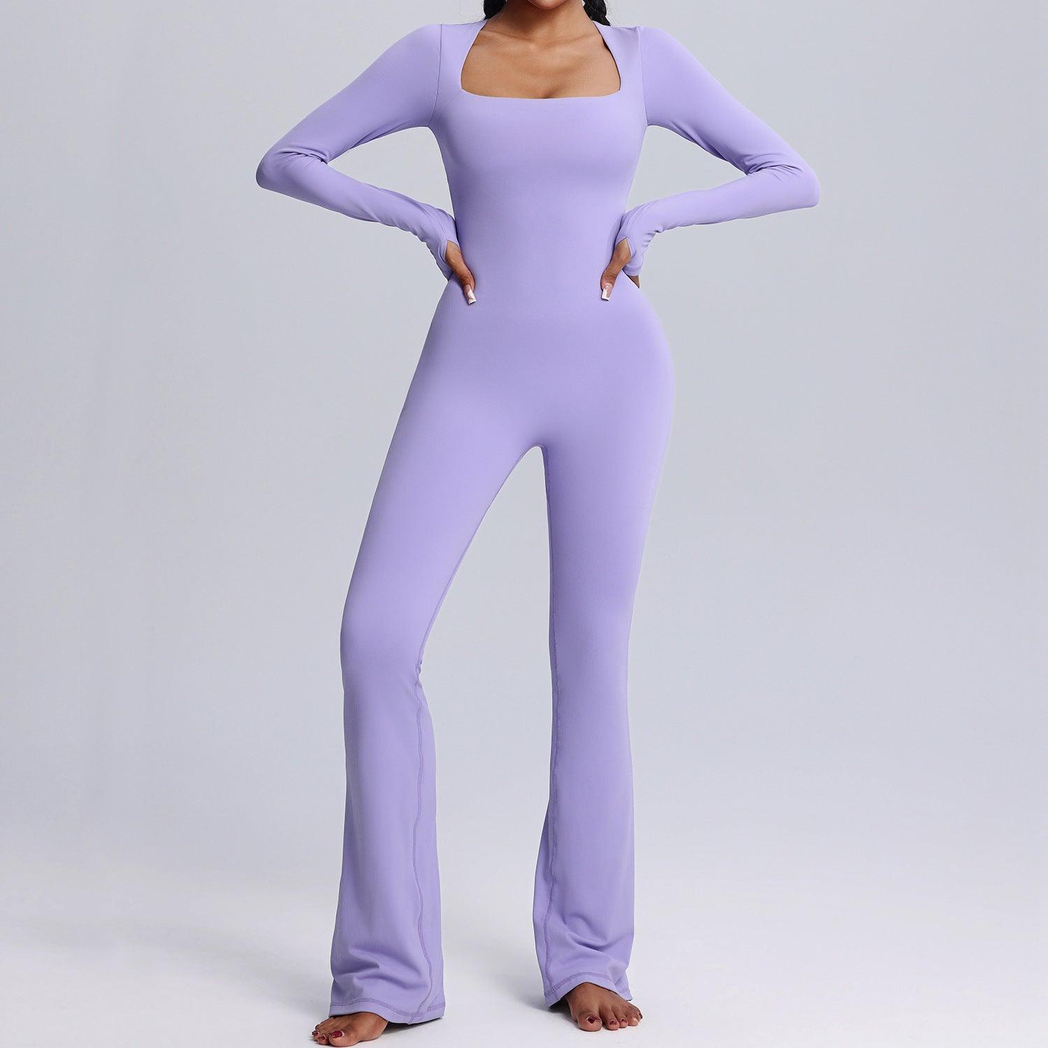 Square neck jumpsuit-New Square Neck Long-sleeved Jumpsuit Yoga Fitness Sports Flared Pants Breathable Bodysuit Women's Clothing-shopluxelook.store