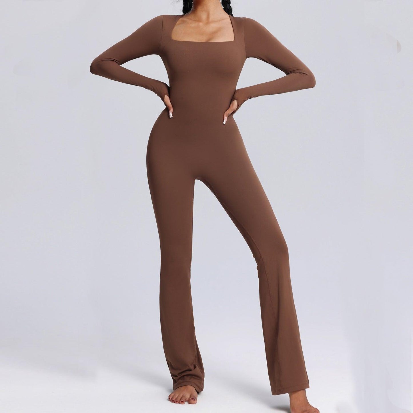 New Square Neck Long-sleeved Jumpsuit Yoga Fitness Sports Flared Pants Breathable Bodysuit Women's Clothing-shopluxelook.store