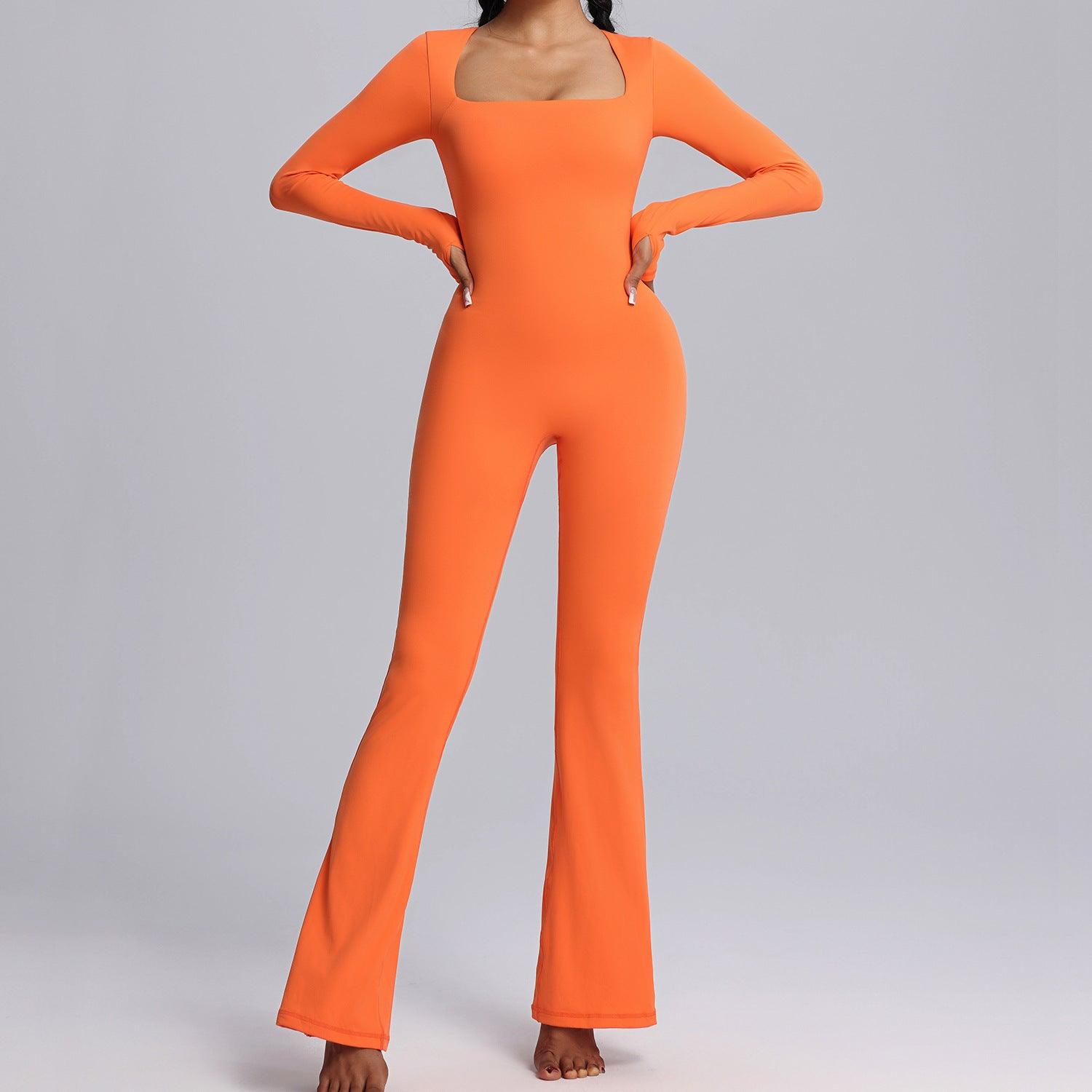 Square neck jumpsuit-New Square Neck Long-sleeved Jumpsuit Yoga Fitness Sports Flared Pants Breathable Bodysuit Women's Clothing-shopluxelook.store