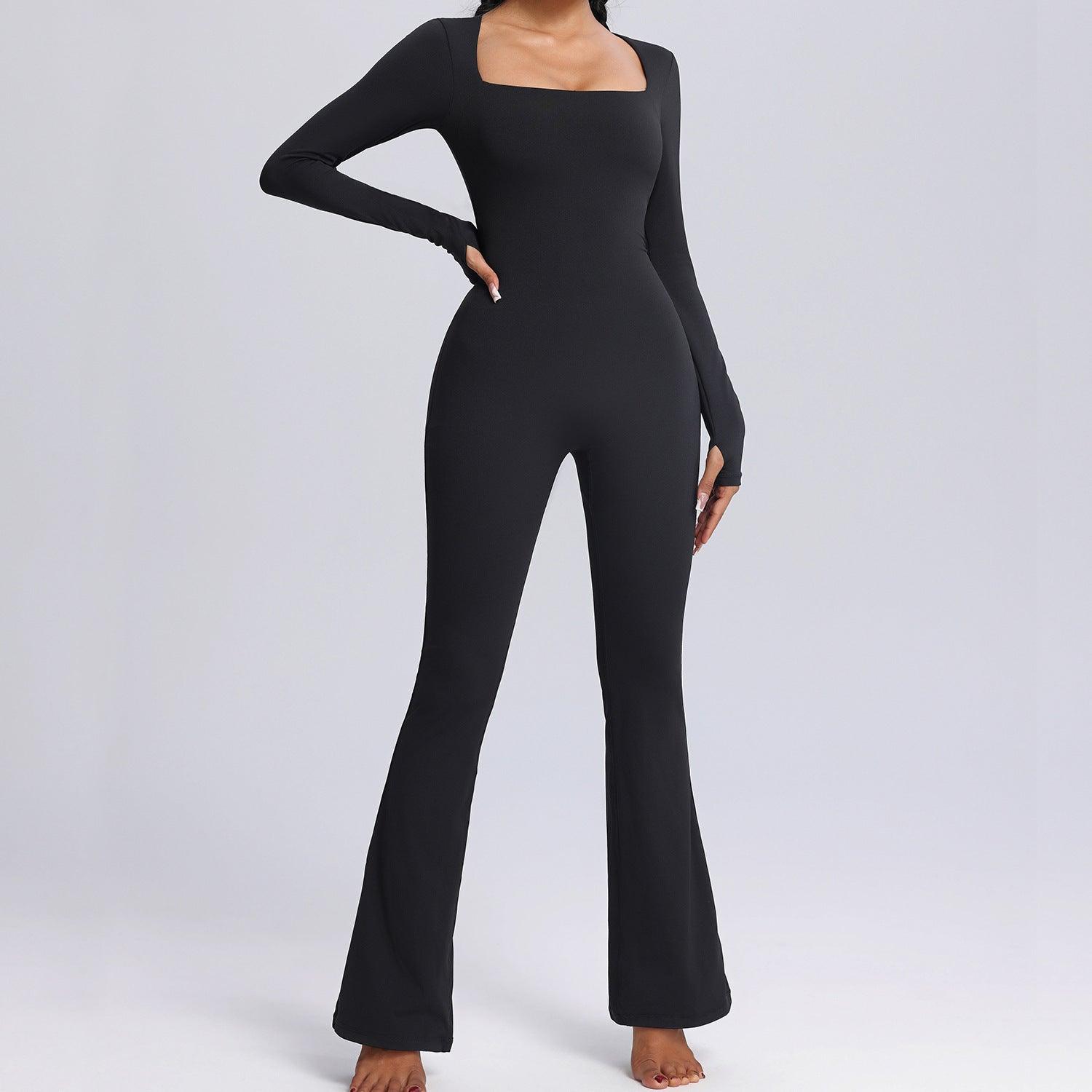 Square neck jumpsuit-New Square Neck Long-sleeved Jumpsuit Yoga Fitness Sports Flared Pants Breathable Bodysuit Women's Clothing-shopluxelook.store