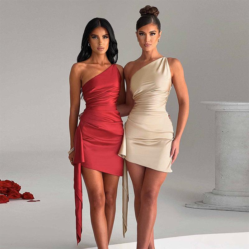 One-shoulder mini dress-One-shoulder Sleeveless Mini Dress Sexy Slim Backless Skirt Party Wedding Dresses Womens Clothing-shopluxelook.store