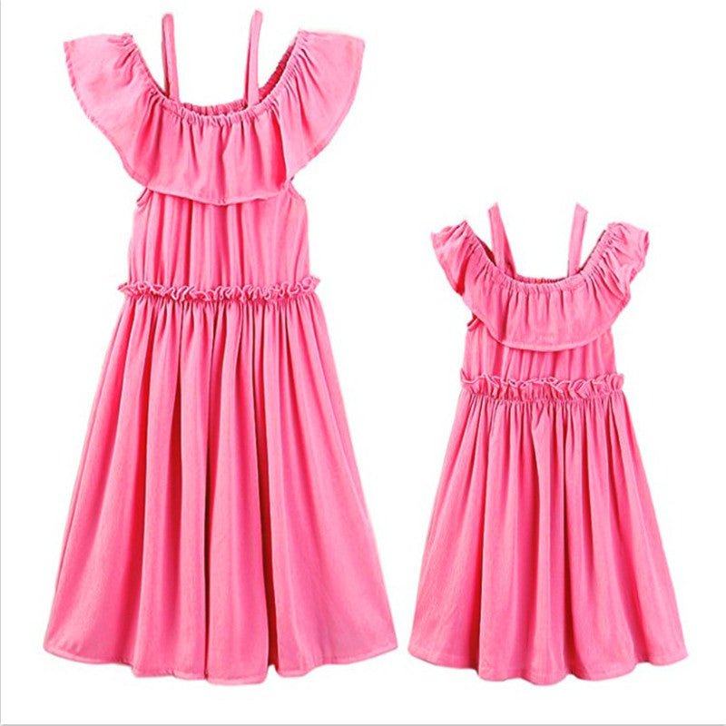 shoulder strap dress-One word shoulder strap lace pleated parent-child dress-shopluxelook.store