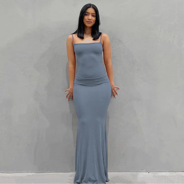 Satin Slip Backless Maxi Dress - Blue / Large